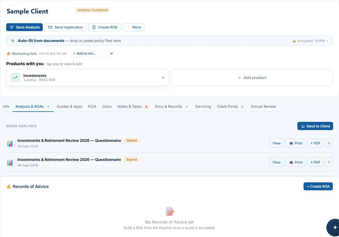 Actual CRM client file with sample details, products and advice history.